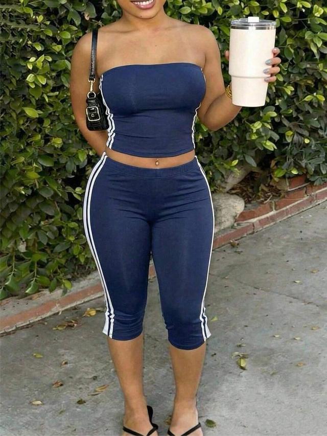 navy blue white stripe strapless y2k coord set