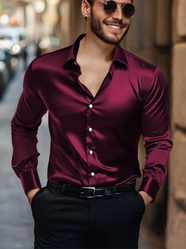 burgundy satin button up dress shirt
