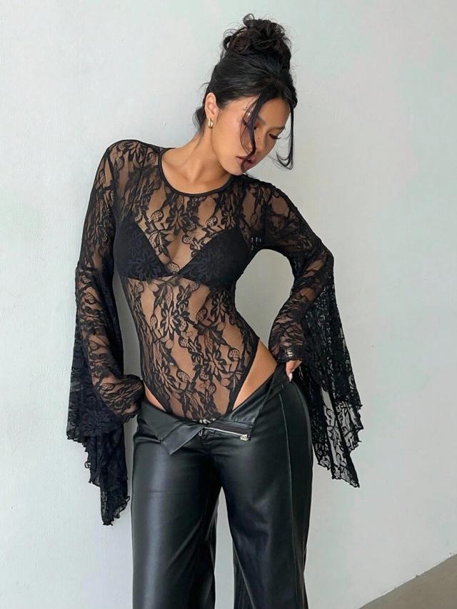 elegant black floral lace long sleeve bodysuit