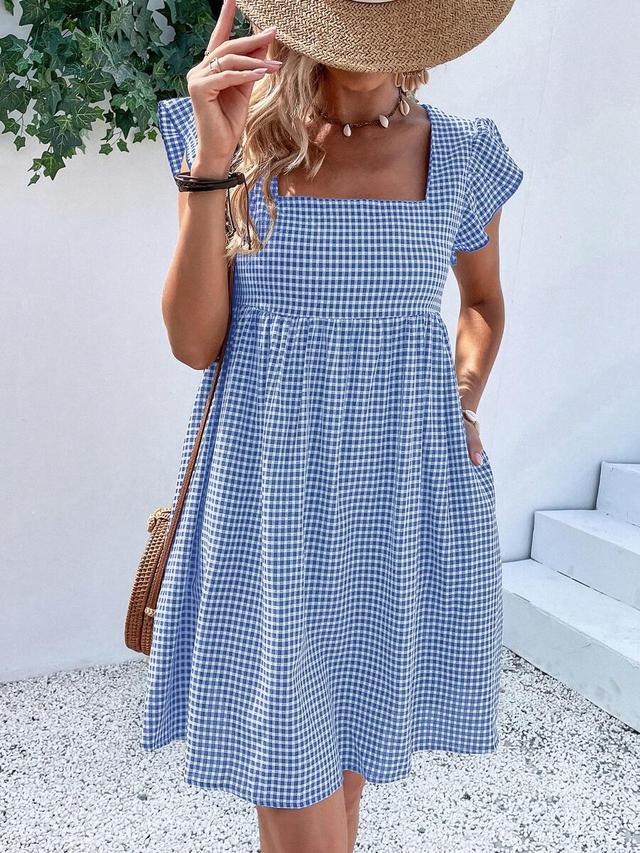 blue and white gingham square neck smock dress