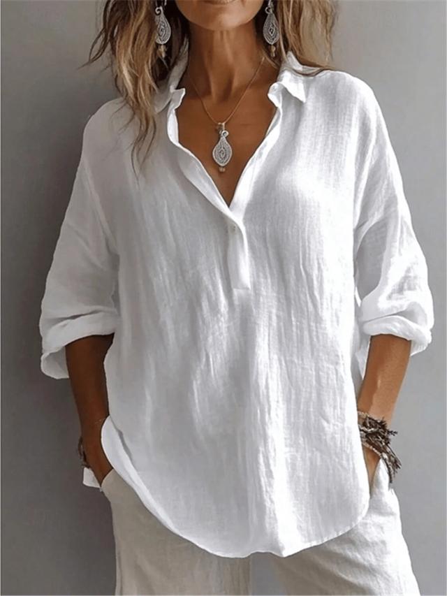 white casual long sleeve collared bishop sleeve blouse