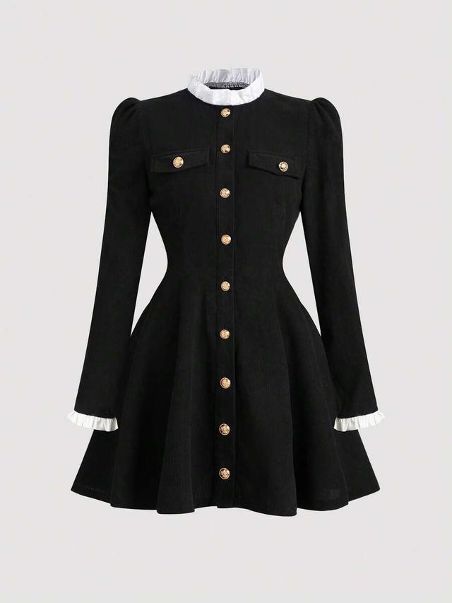 black stand collar front button contrast dress