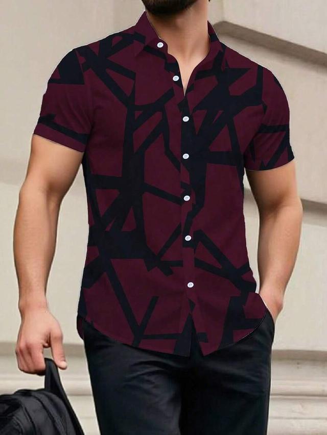 burgundy and black geometric print short sleeve shirt