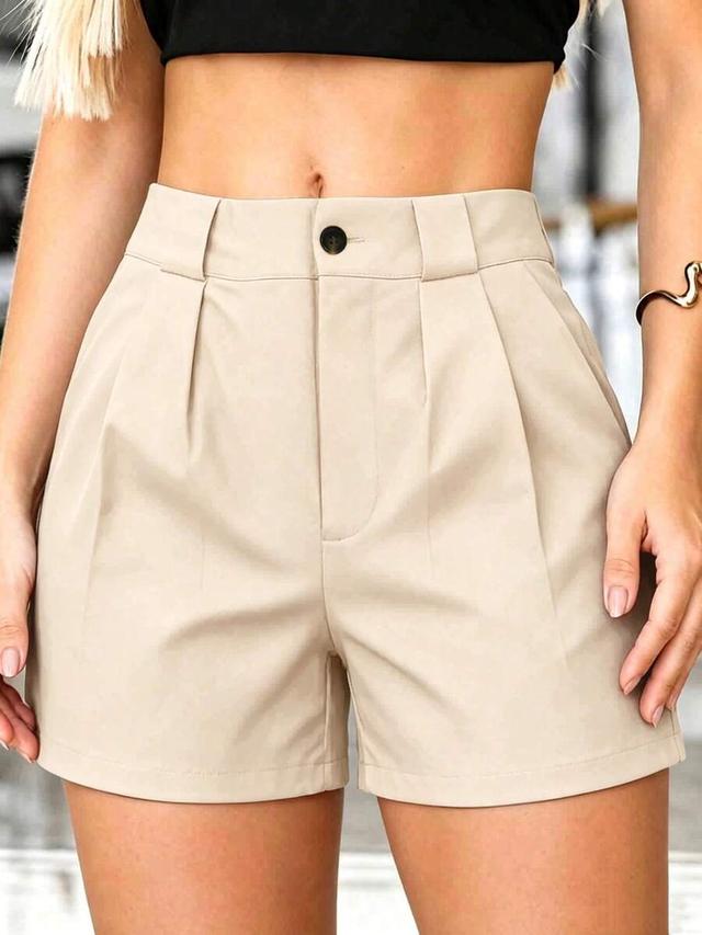 women's casual solid beige high-waisted pleated shorts