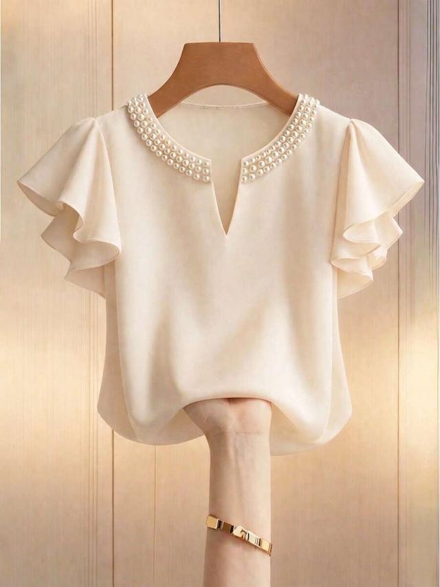 elegant pearl neckline ruffle sleeve v-neck blouse