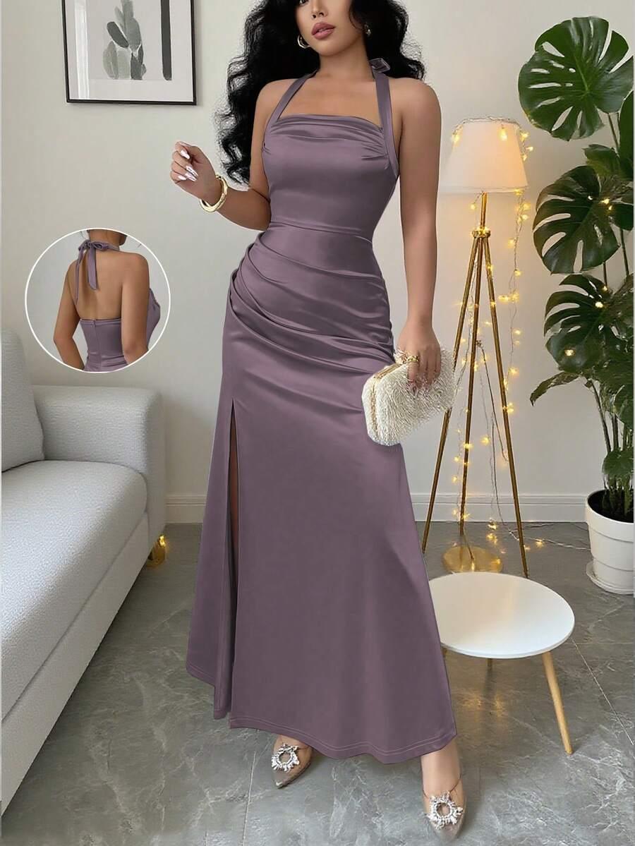 rafferiza elegant champagne color bodycon cami elastic satin thigh high slit dress