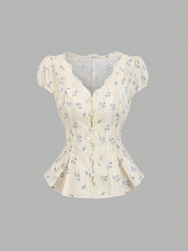cream floral v-neck short sleeve lace trim blouse