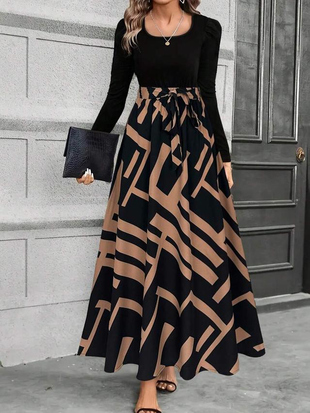 long sleeve square neck geometric print knit dress