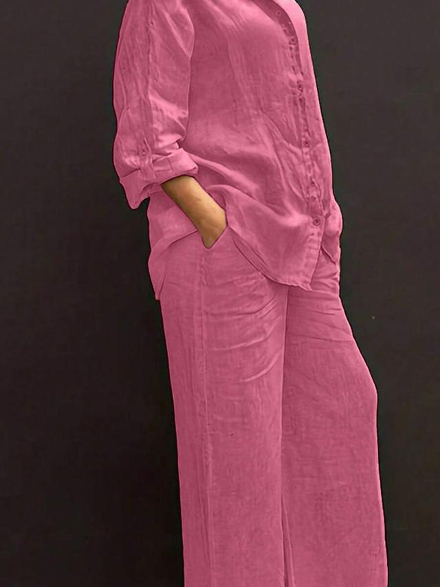pink linen button-down shirt and matching wide-leg trousers
