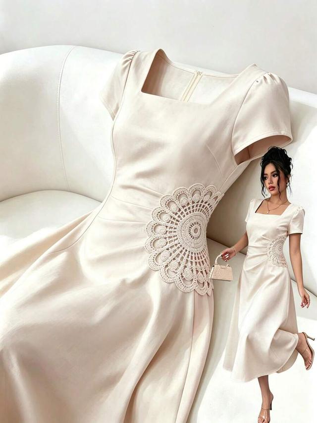square neck waist pleated crochet patchwork midi dress