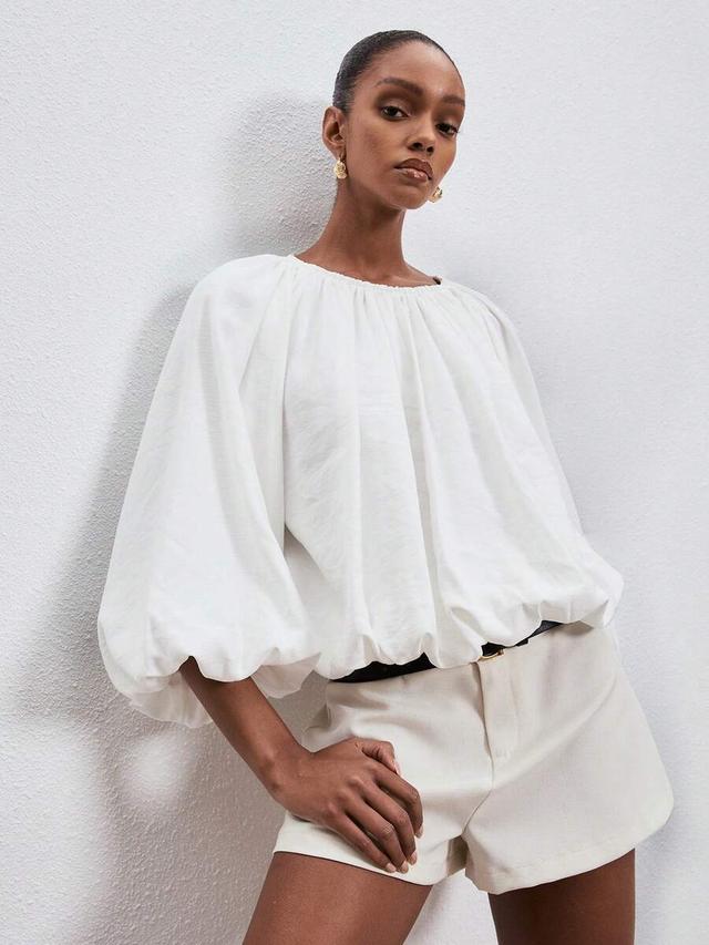 solid white crew neck long sleeve bubble hem top