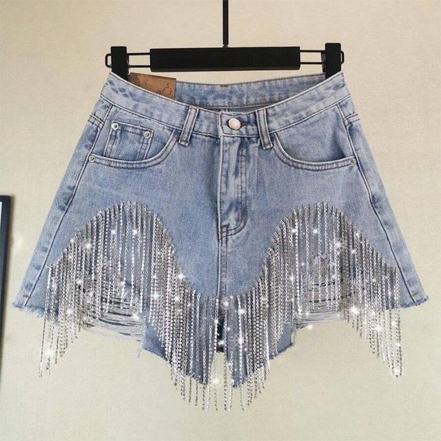 light blue women's short fringed denim shorts with rhinestone tassels