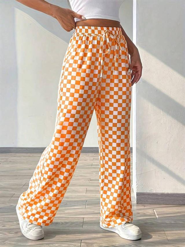 women's orange and white plaid wide leg pants