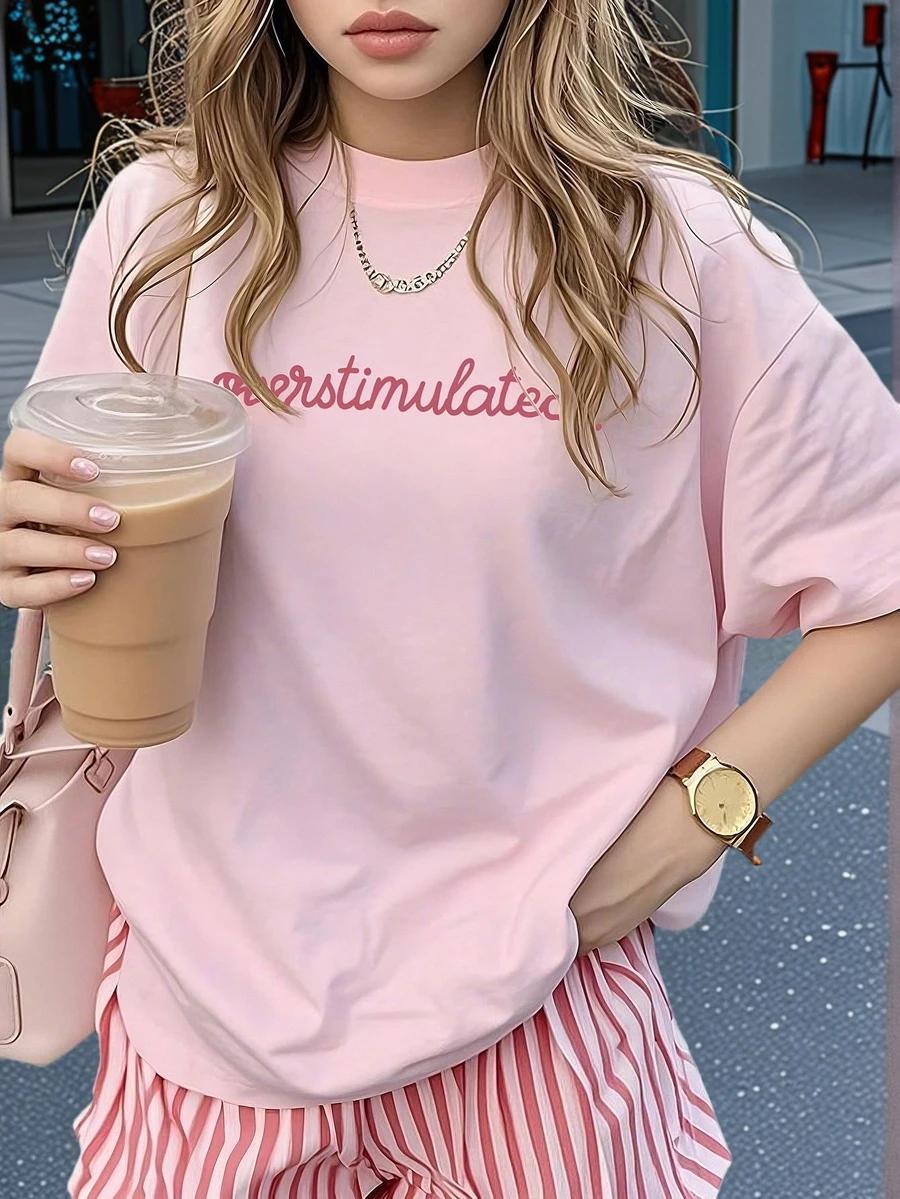 women's casual pink round neck short sleeve t-shirt