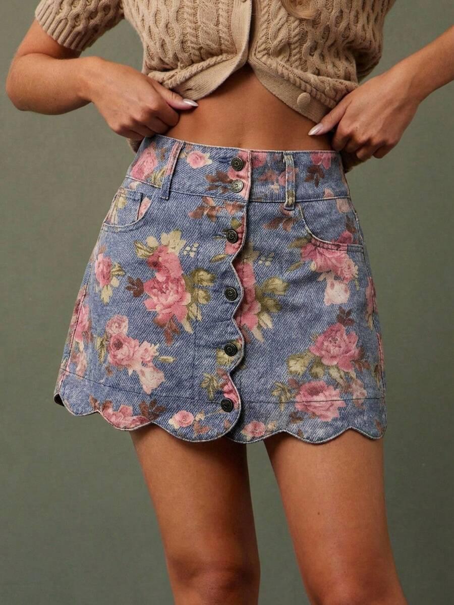 floral print denim mini skirt with scalloped hem