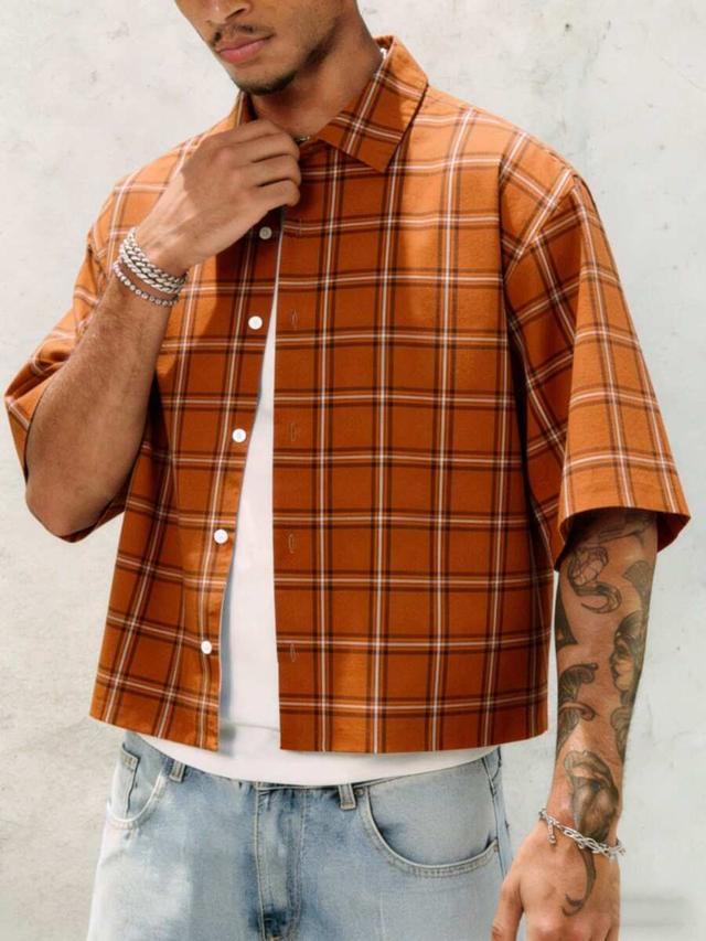 men's orange plaid casual short sleeve shirt