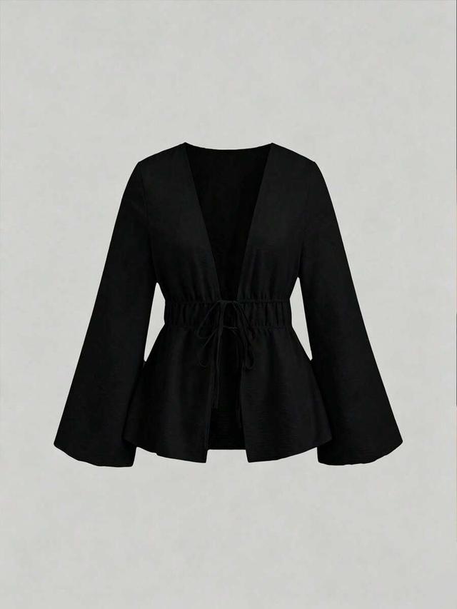 solid black deep v-neck pleated waist casual top