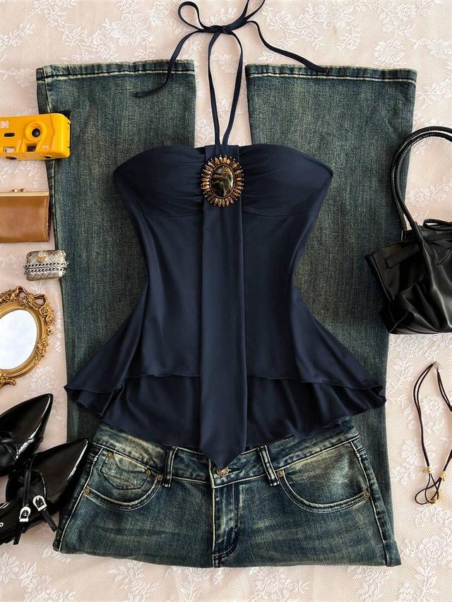 navy blue halter neck camisole with beaded brooch