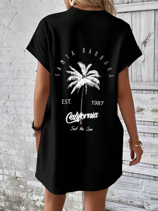 casual black coconut tree print vacation t-shirt dress