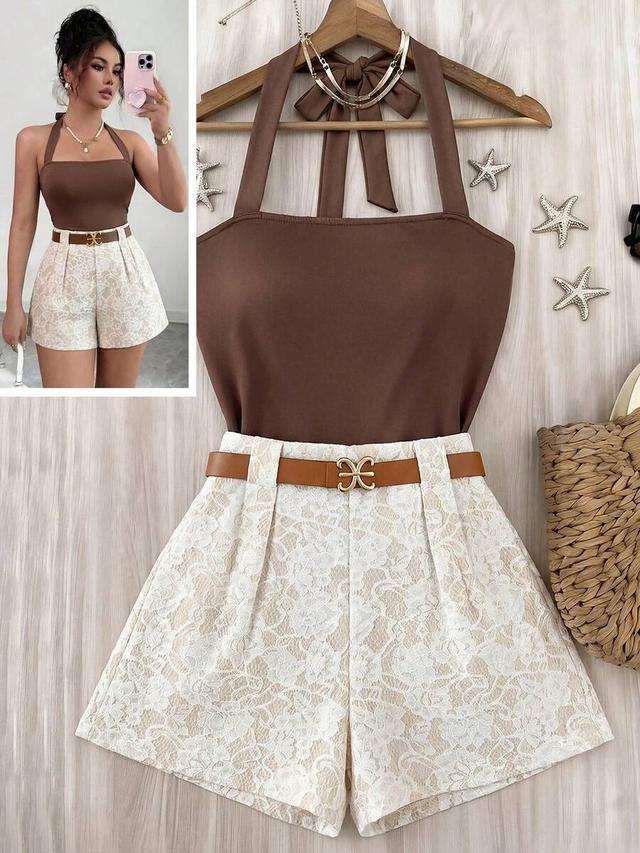 brown halter neck top with white lace shorts