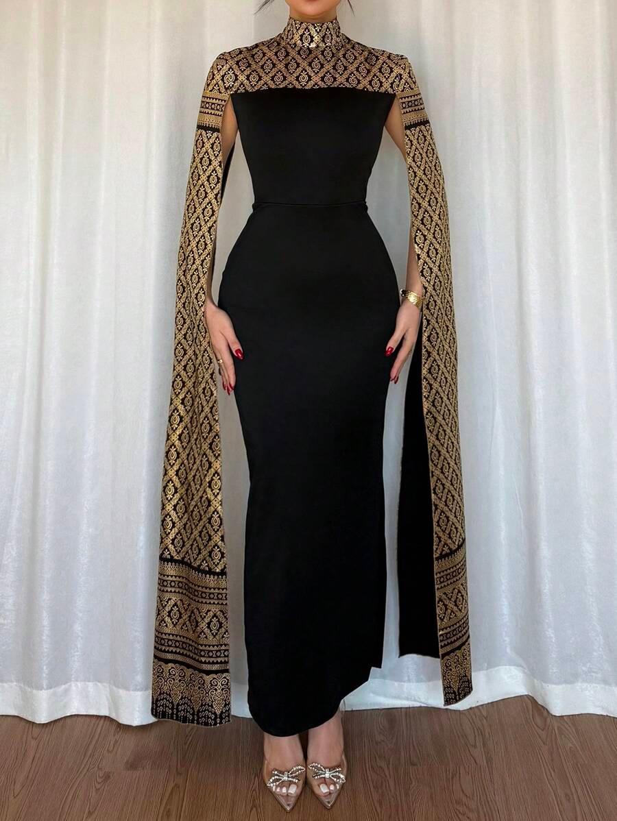 elegant black bodycon dress with gold foil cape sleeves