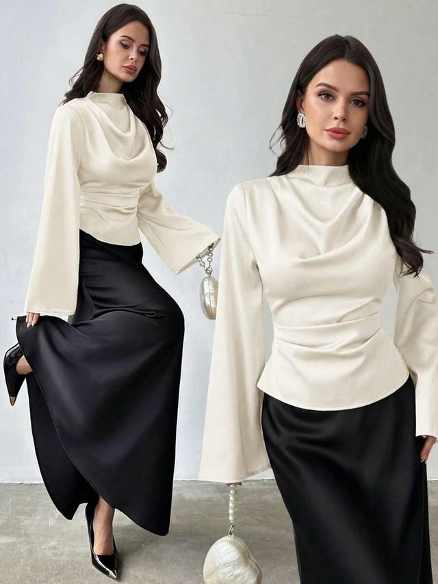 cream white cowl neck long sleeve satin blouse