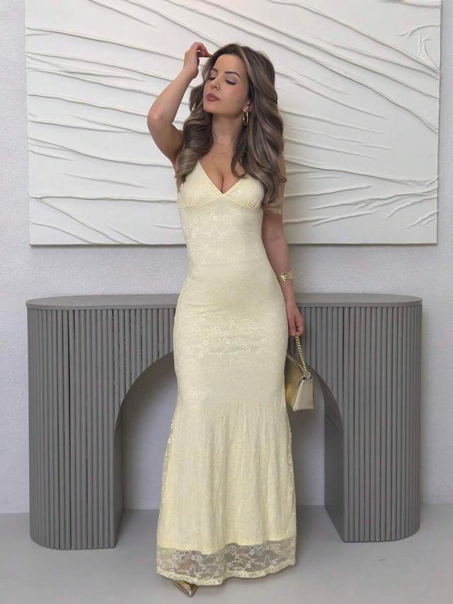 cream yellow lace backless halter fishtail dress
