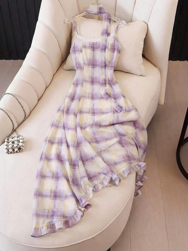 purple plaid asymmetrical ruffled spaghetti strap beach dress