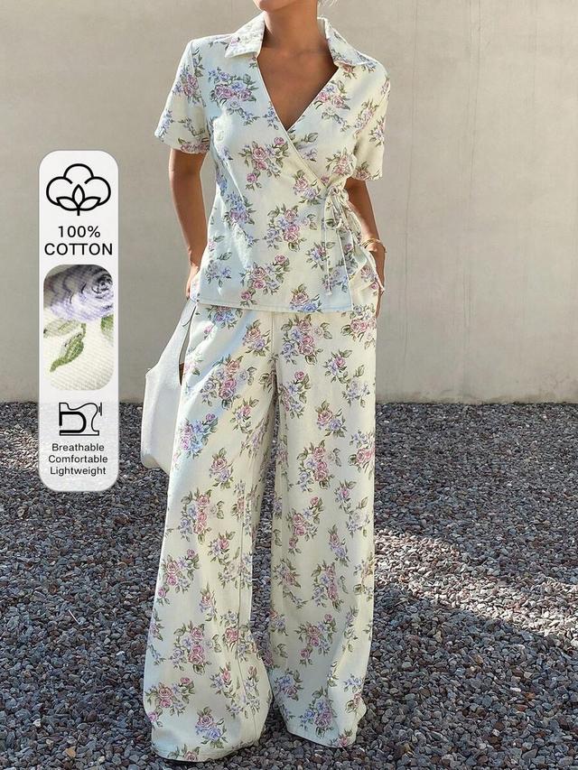 floral print cotton denim wrap shirt and trousers set