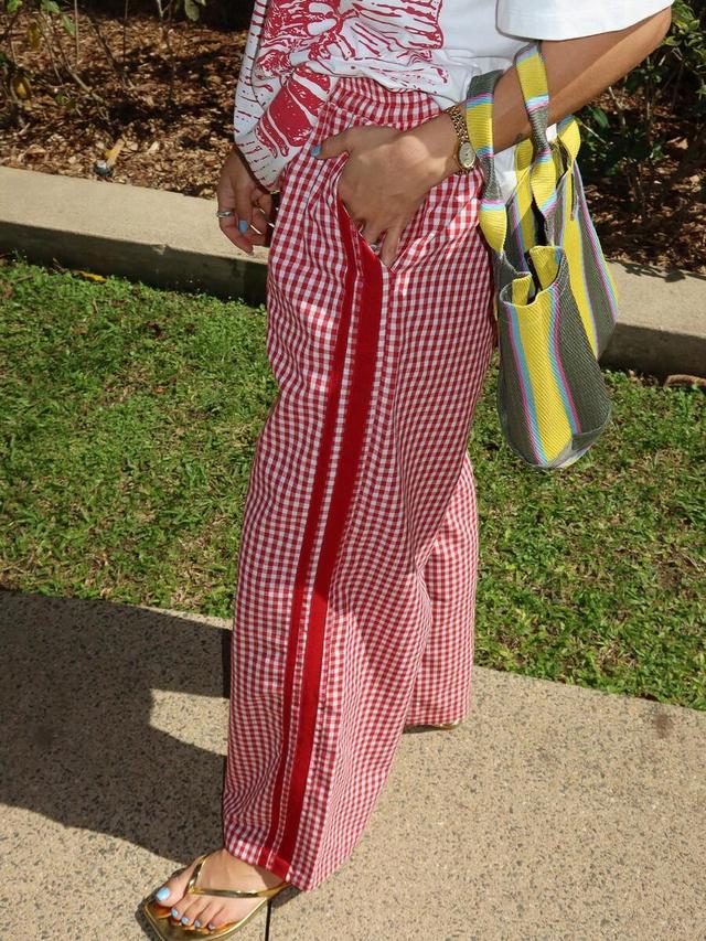 red gingham elastic waist casual long pants