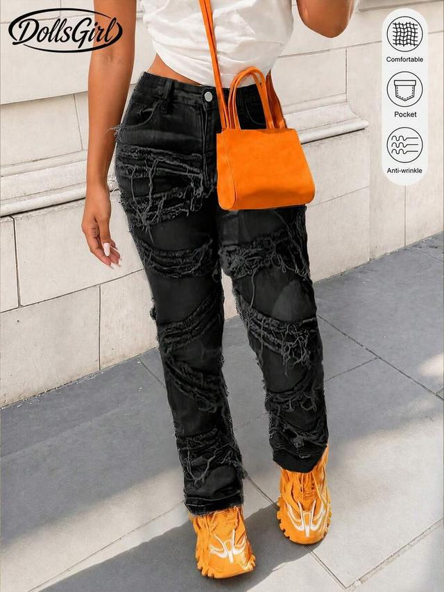 distressed black denim straight leg jeans