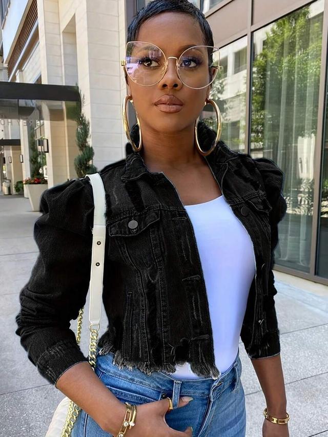 black ripped puff sleeve denim jacket