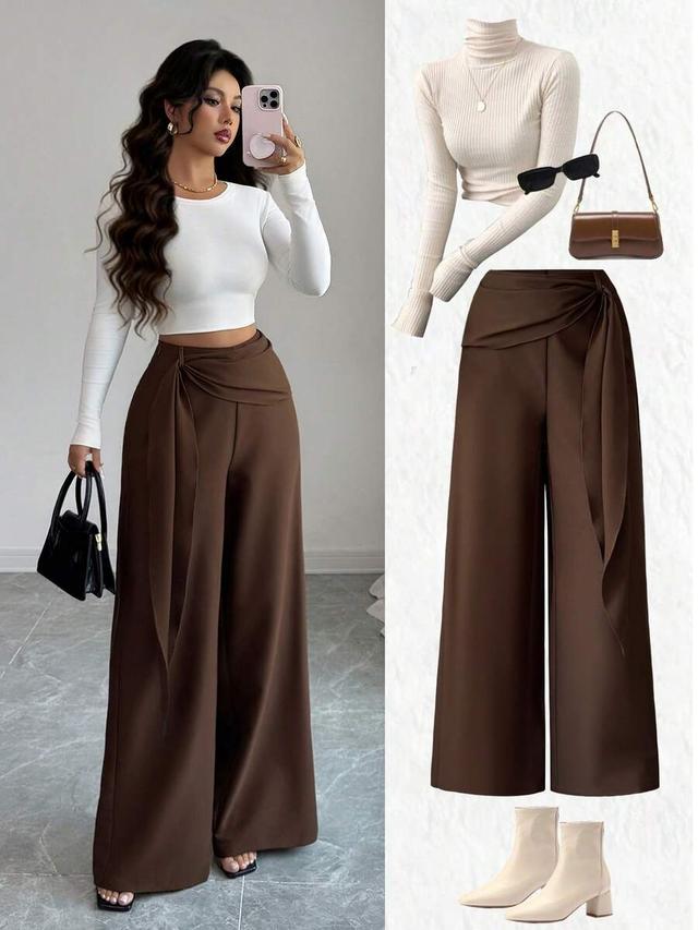 brown woven twill flared trousers with side tie