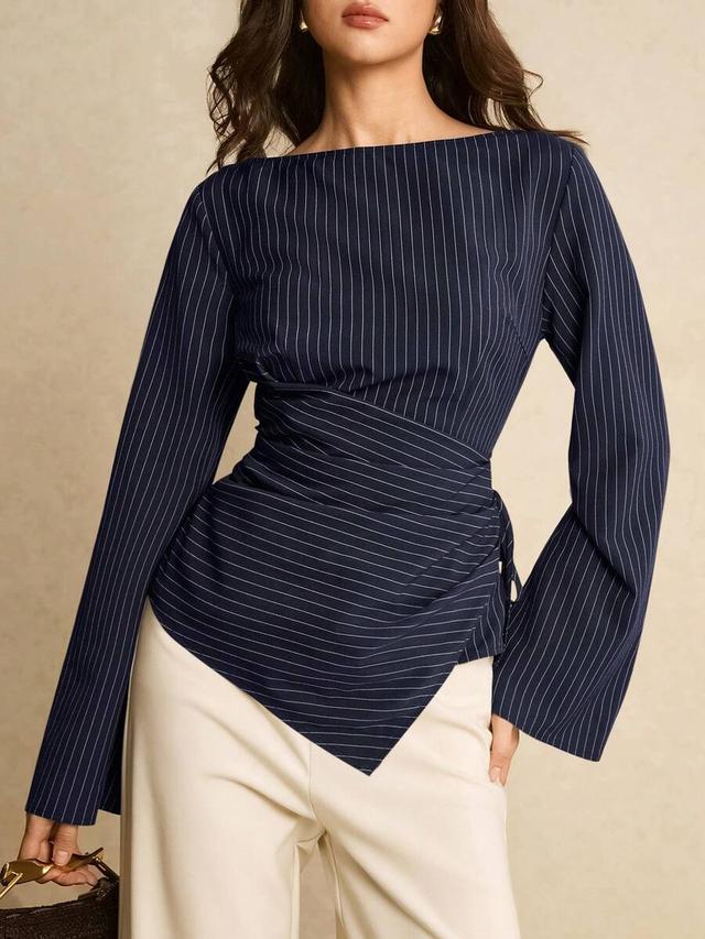 navy blue pinstripe boat neck side tie blouse