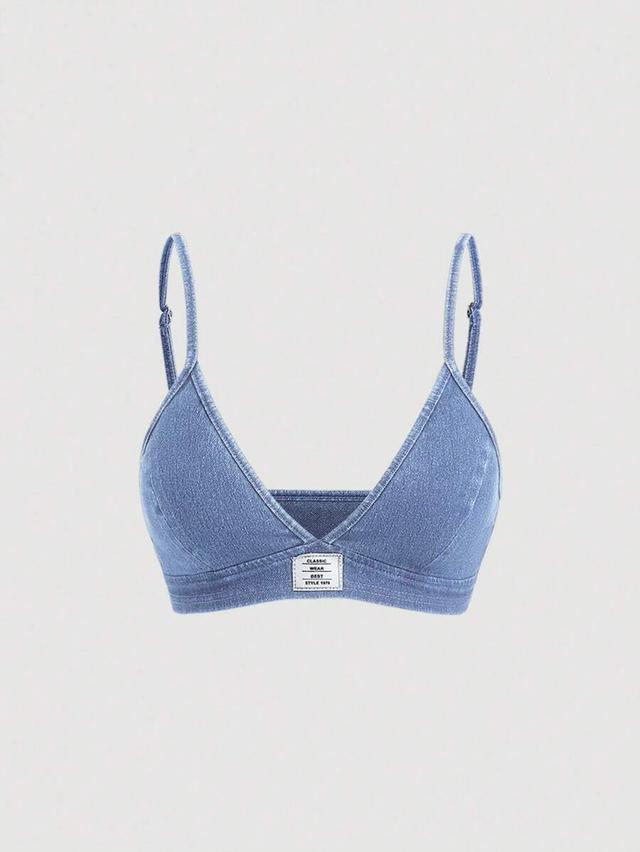 distressed blue denim camisole with built-in bra padding