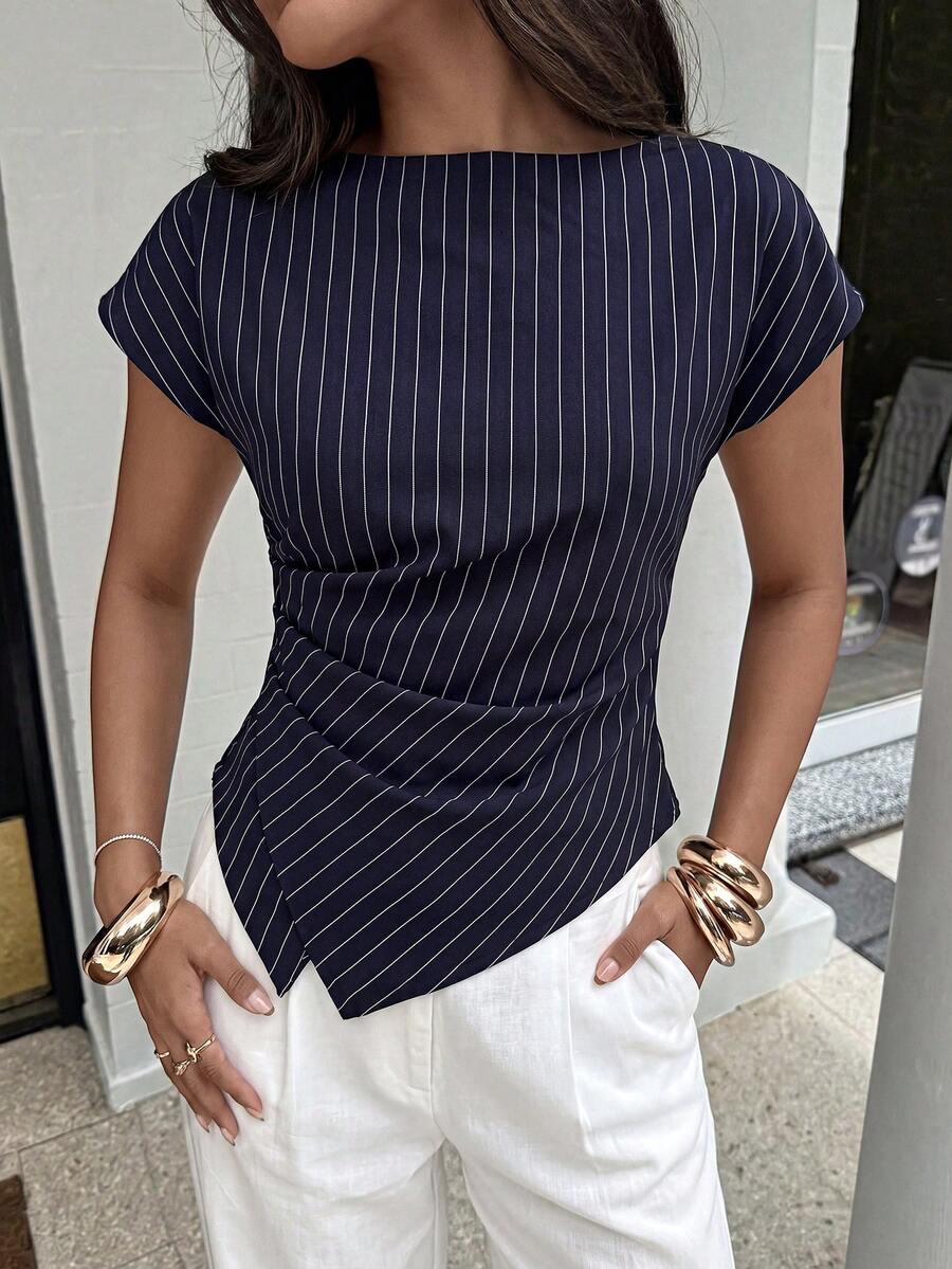 navy pinstripe asymmetric hem cap sleeve blouse