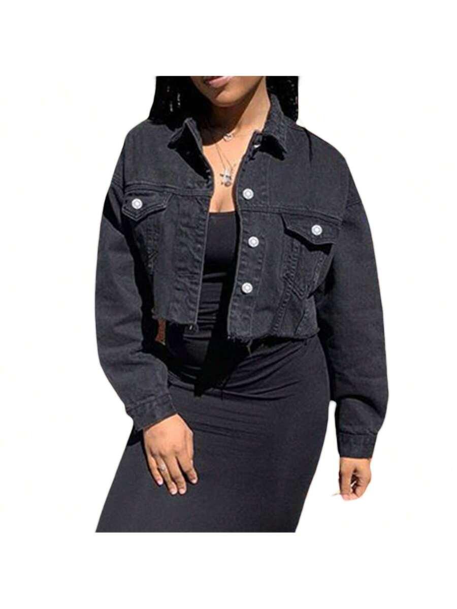 women's black denim cropped button down jacket