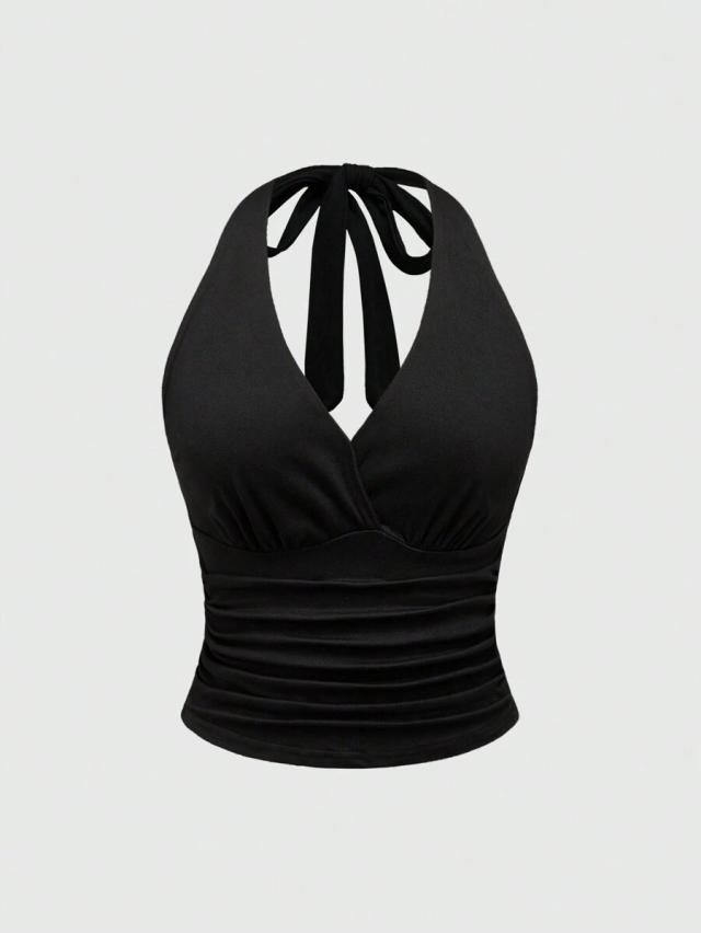 romwe grunge punk y2k tie back solid black halter top