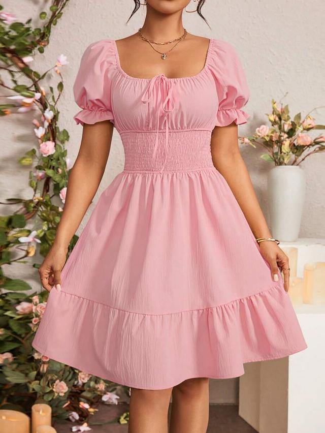 pink solid color square neckline waist-cinching dress