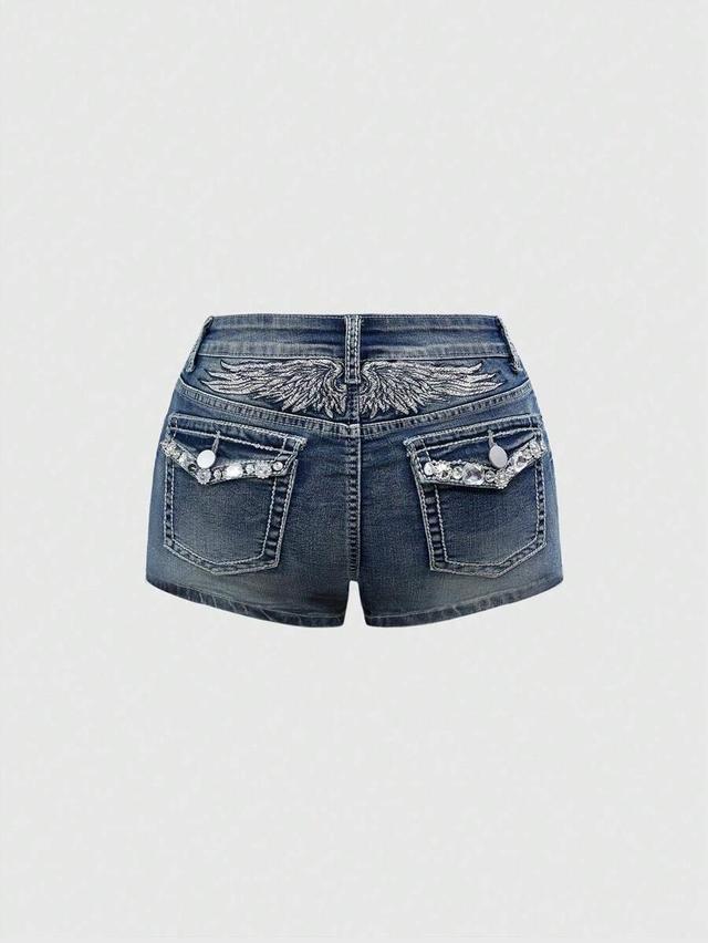 embellished denim shorts with wing embroidery