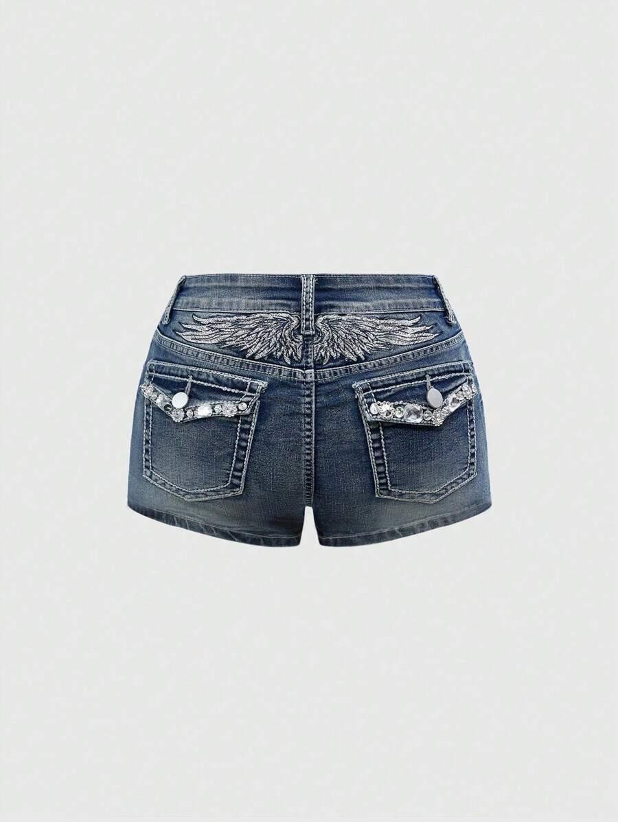 embellished denim shorts with wing embroidery