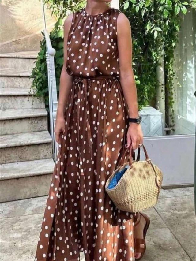 women's casual commuter polka dot round neck sleeveless chiffon dress