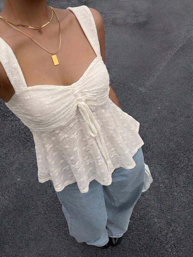 white jacquard sweetheart neck ruched drawstring babydoll top