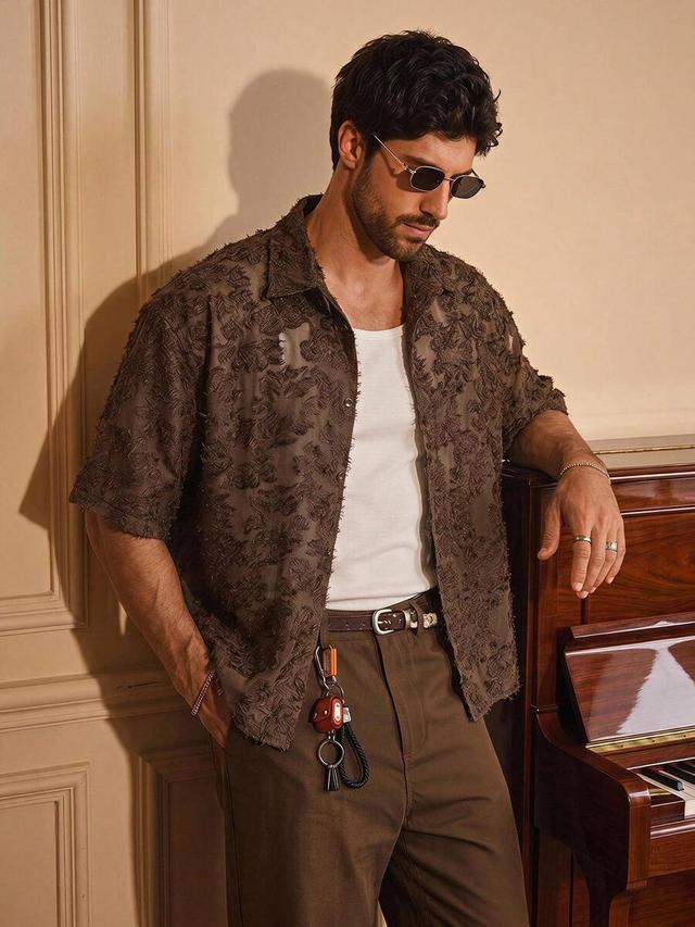 brown textured short sleeve casual button-up shirt
