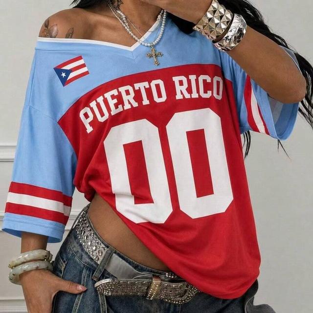 red blue off shoulder puerto rico flag print jersey top
