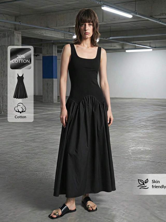 black square neck sleeveless cotton blend tank dress