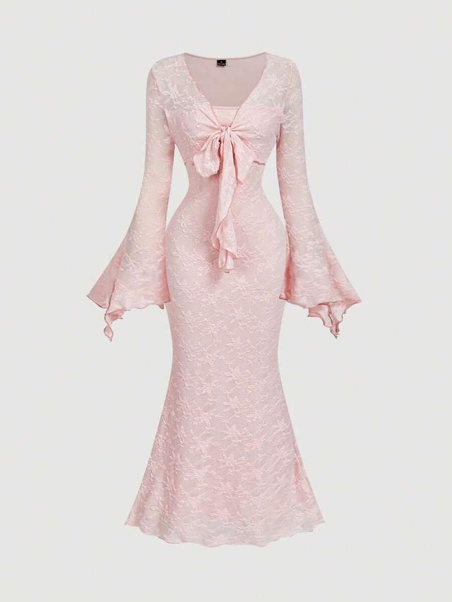 light pink v-neck flocked mermaid hem bodycon dress