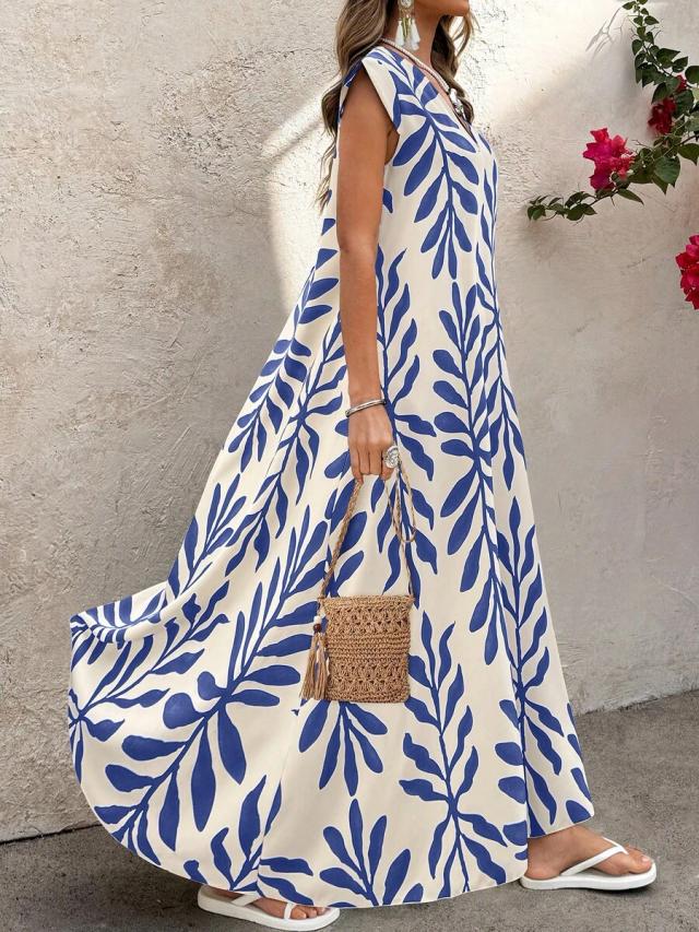 women's retro blue leaf print sleeveless maxi dress
