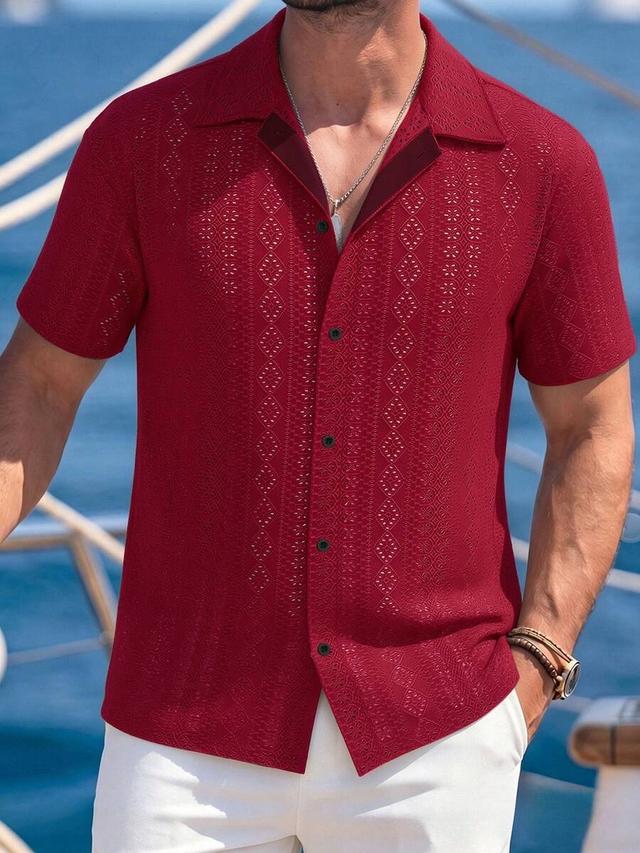 burgundy textured short sleeve casual shirt