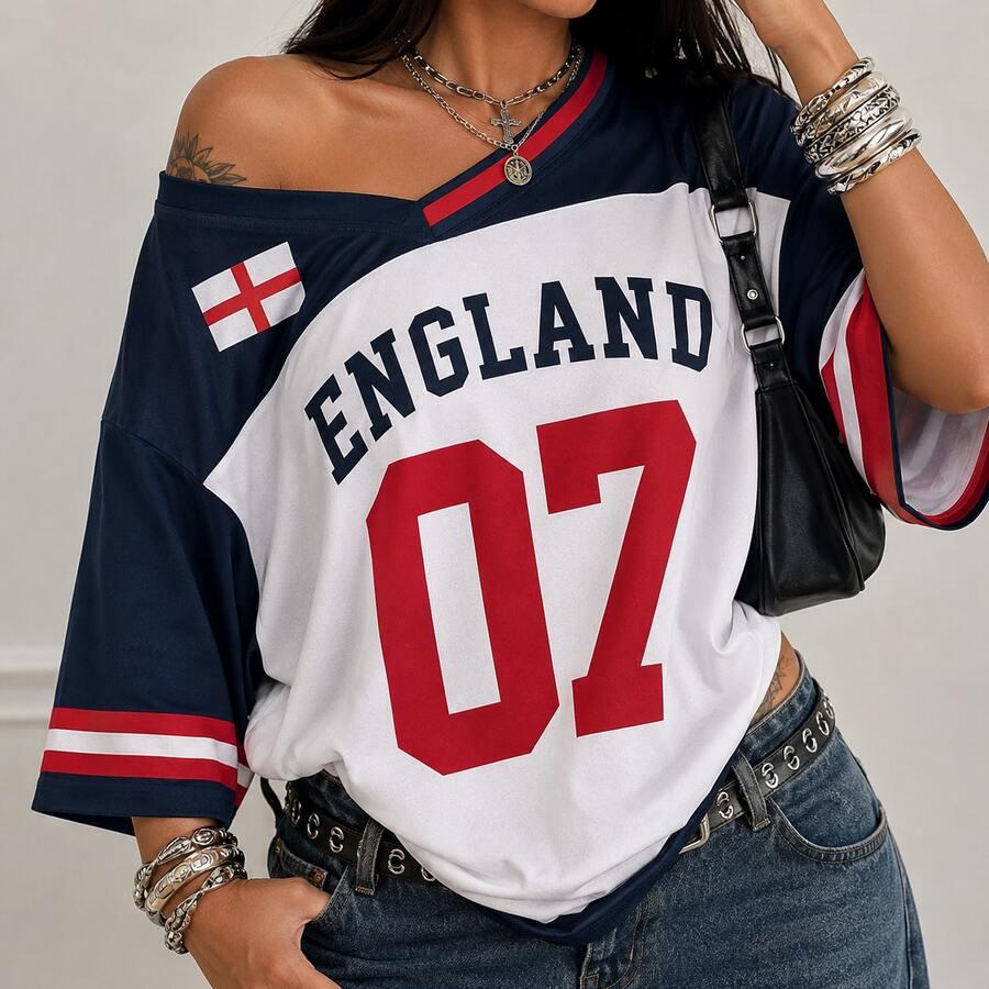 navy red women off shoulder england graphic jersey t-shirt